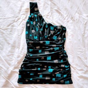 Boohoo one shoulder top 8 geo print black/blue/slv